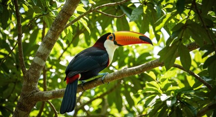 Obraz premium Vivid toucan with vibrant beak perched on a tree branch, surrounded by lush green foliage