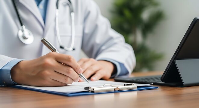 Doctor reviewing medical records on laptop in bright office setting