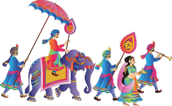 Indian Wedding Ceremony. Wedding procession. The bride is carried in a Doli, and the bride's departure is a significant part of the farewell ceremony.	
