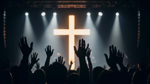 Illuminated auditorium hosts prayers and glowing religious symbol