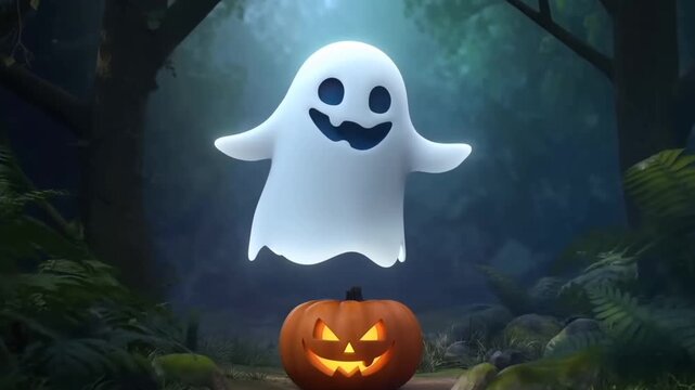 Playful ghost floating above a carved pumpkin in a spooky forest setting. Captures the essence of Halloween fun and festive spirit