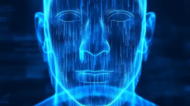 Futuristic digital human face with binary code overlay. Represents the intersection of technology and human identity in the digital age