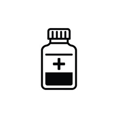 Fototapeta premium Medicine bottle icon for healthcare and medical services, medicine bottle medical container symbol in black and white vector