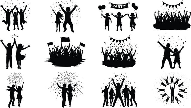 Party celebration silhouettes set with cheering crowd, dancing people, balloons, confetti and fireworks, festive event gathering icons collection isolated on white background