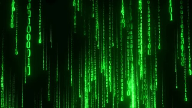 Green binary code rain on a dark background. Represents digital technology, data flow, and the essence of the information age