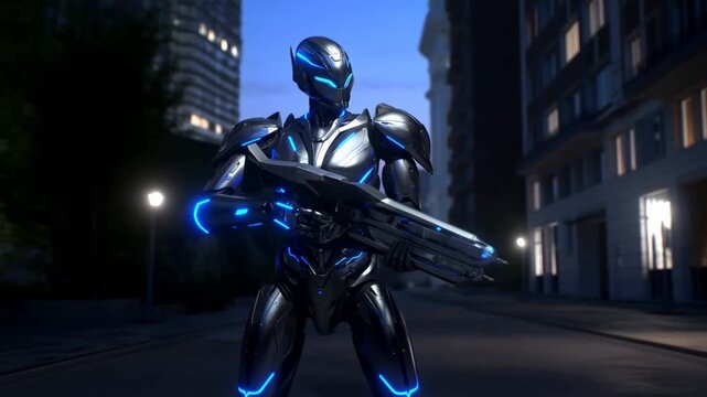 Futuristic robotic warrior standing confidently in an urban environment, showcasing advanced technology and readiness for action. Represents innovation and the future of combat