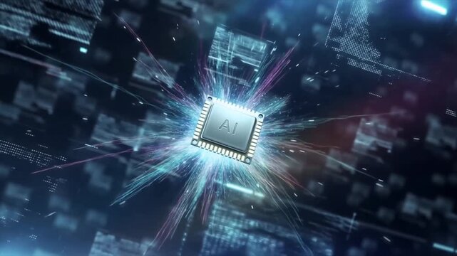 Dynamic explosion of an AI microchip surrounded by digital data streams. Represents the power and innovation of artificial intelligence technology