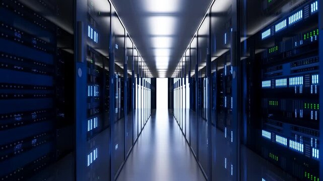 High-tech data center corridor with illuminated server racks. A glimpse into the backbone of modern digital infrastructure and cloud computing