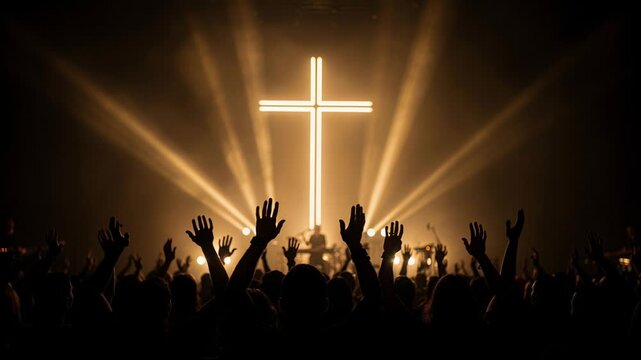 Energetic group engaged in vibrant religious worship under radiant beams