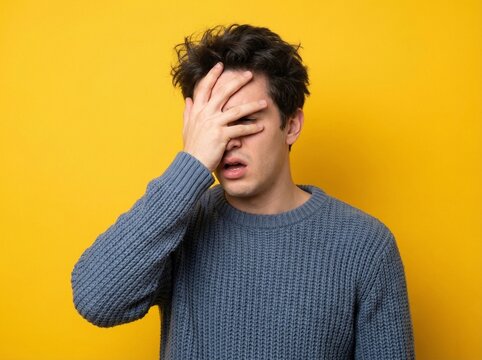 Young man in a blue sweater showing a facepalm gesture with an expression of frustration or embarrassment against a bright yellow background
