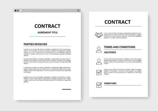 Two contract documents with terms and conditions are displayed side by side on a screen