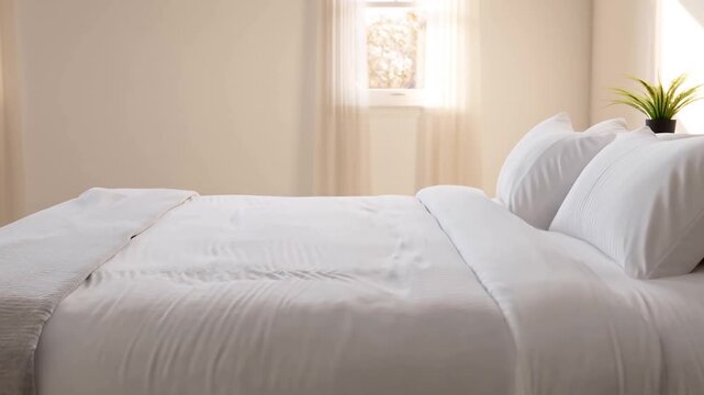 Cozy and inviting bedroom with a neatly made bed and decorative plant on the nightstand. Ideal for promoting relaxation and comfort in home decor