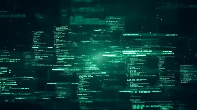 Abstract digital data flow with glowing green code and information streams. Represents technology, data analysis, and cybersecurity in a modern digital landscape