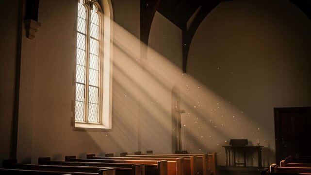 Peaceful chapel illuminated by angled sunlight and floating dust particles