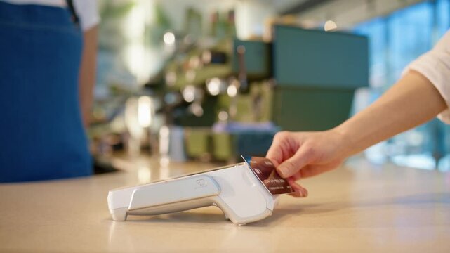 Person inserting bank card into payment terminal at counter. Close view of hand completing transaction process. Paying for order using card reader device. Modern cashless payment happening inside cafe