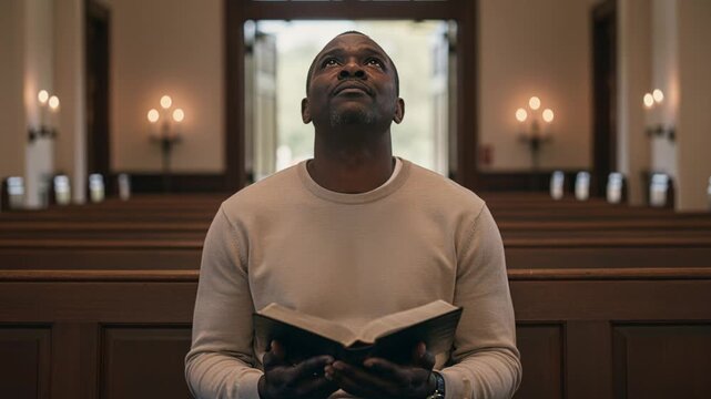 Faithful individual in church seeking hope and divine direction