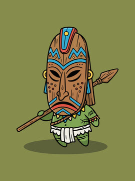 Adorable chibi-style tribal monster with floating body and no legs, holding a vertical wooden spear in a symmetrical stance. Clean vector illustration perfect for games, mascots, and branding.