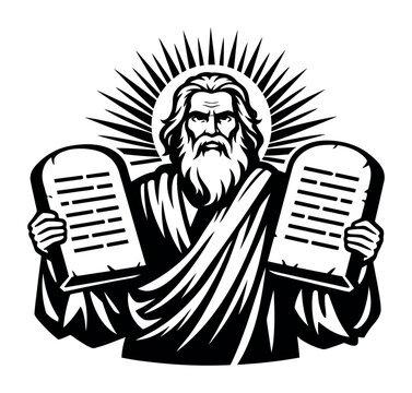 Moses, a central figure in Abrahamic religions, holding two stone tablets inscribed with divine laws from Mount Sinai