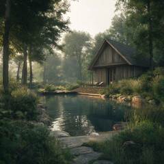 Fototapeta premium Cozy Wooden Cottage with Small Natural Pool in Lush Forest Landscape, Peaceful Morning Light