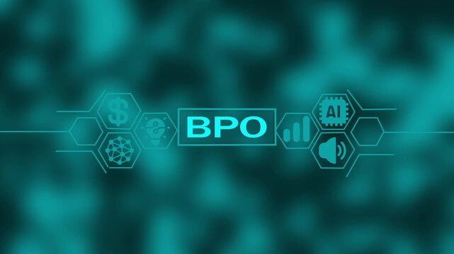 Teal digital interface with the acronym BPO and interconnected for finance artificial intelligence innovation and sound on a blurred teal bokeh background
