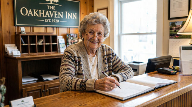 Elderly receptionist smiling while working at the front desk of Oakhaven Inn