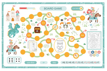 Board game for kids featuring a brave knight on a quest to rescue a princess from a dragon’s castle. Colorful map with fun challenges and funny tasks along the way.  © alisa_rut