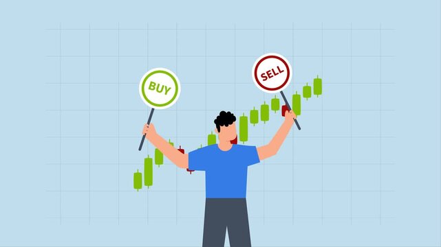 Buy or sell in stock market, 4k animation of Businessman holding buy or sell sign with candlestick chart is investment analyst