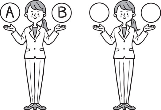 AとBの選択肢　若い女性会社員　全身　ベクター（モノクロ）