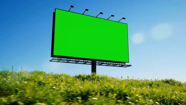 A large green screen billboard stands tall on a grassy hill under a clear blue sky.