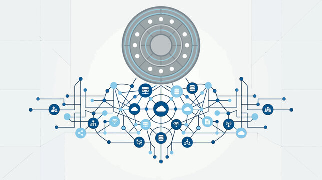 A sleek silver UFO hovers ominously above a stylized abstract representation of a global data network.