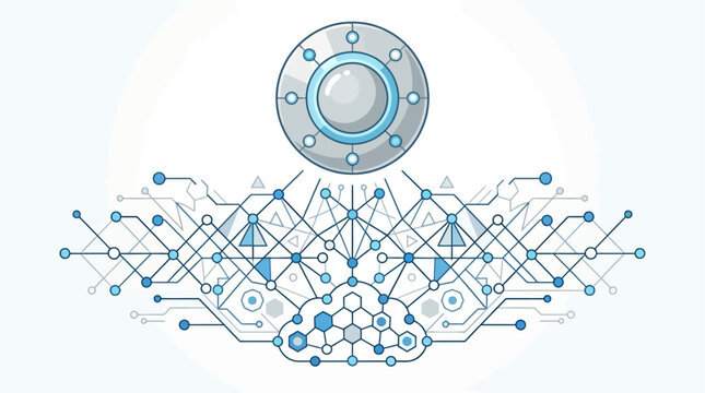 A sleek silver UFO hovers ominously above a stylized abstract representation of a global data network.