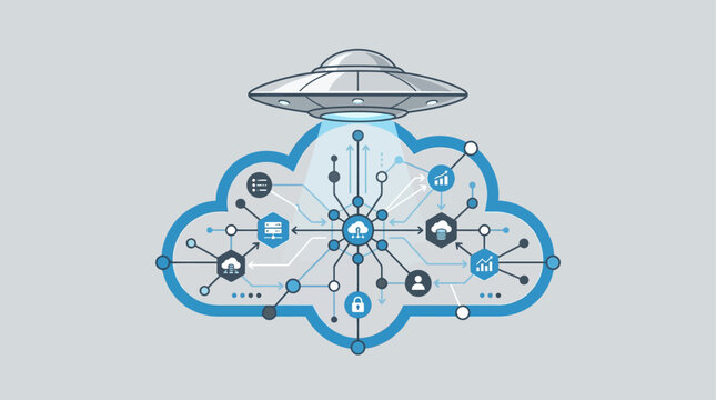 A sleek silver UFO hovers ominously above a stylized abstract representation of a global data network.