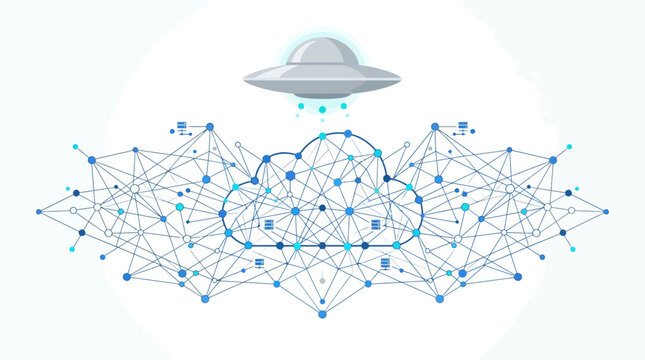 A sleek silver UFO hovers ominously above a stylized abstract representation of a global data network.