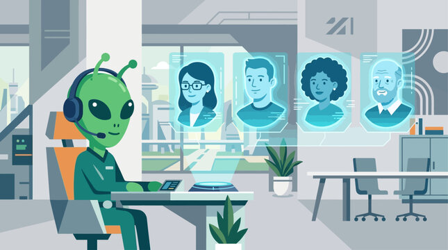A green alien character, wearing a headset, actively participates in a virtual video conference with holographic human avatars. 