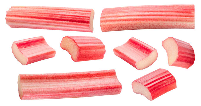 Cuts of red rhubarb stem on white background. File contains clipping path.