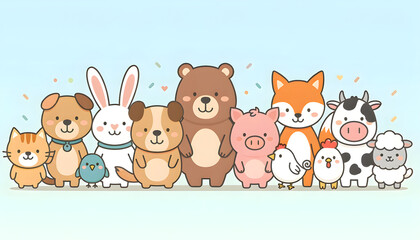 Fototapeta premium Adorable cartoon animals including cats, dogs, rabbits, bears, pigs, foxes, chickens, cows, and sheep, standing side by side, creating a cheerful, diverse community
