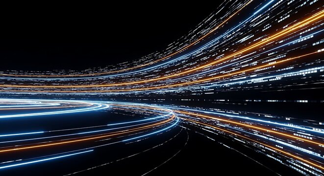 Long exposure night traffic light trails on urban highway with motion blur effect