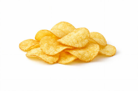 Pile of potato chips arranged casually on clean white background surface