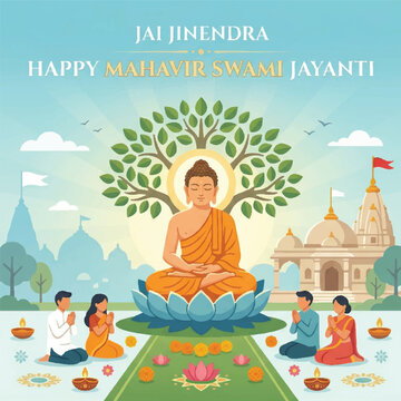 Lord Mahavir Sitting in Meditation with Bodhi Tree and Temple - Jainism Concept Vector