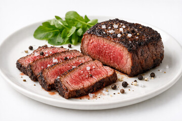 Sliced medium rare steak showing juicy interior with seasoning on plate
