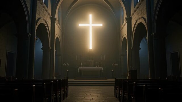 Serene worship space featuring illuminated cross and detailed architecture