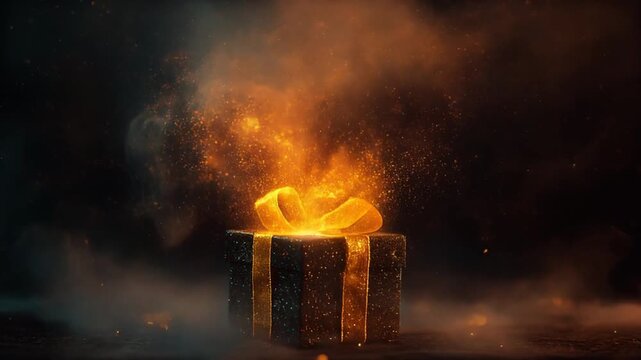 Glowing gift box with golden bow and sparkling dust on black background
