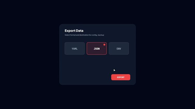 Developer Data Export Tool Selecting JSON Format for Configuration Backup with Red Accents