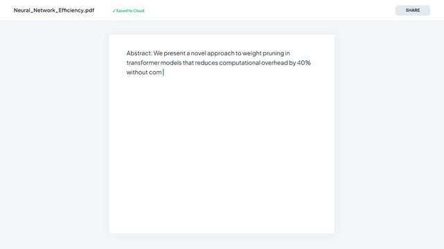 Academic Research Document Editor Showing Abstract for Neural Network Efficiency with Peer Sharing