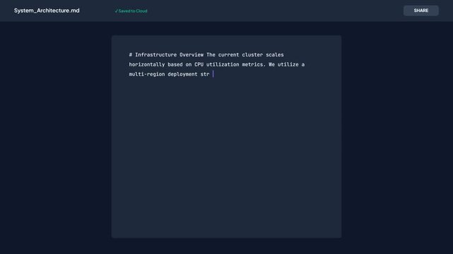 Modern Dark Mode Software Development Interface with Infrastructure Overview Document and Collaborative Sharing Feature