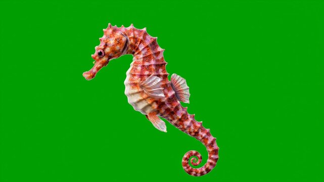 A detailed close-up of a vibrant orange seahorse with intricate patterns on its body, set against a solid green background.
