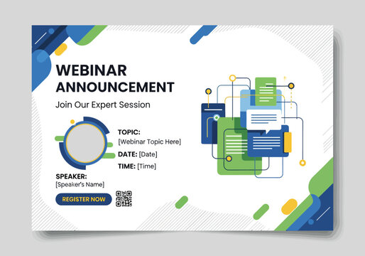 A webinar announcement banner displays a futuristic graphic with papers and a QR code on a colorful background.