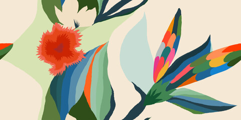Obraz premium Abstract exotic floral pattern. Dynamic bright tropical print. Hand drawn unique template for design. 