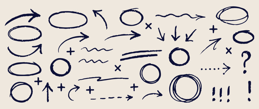Hand drawn arrows, creative direction marks, abstract doodle shapes, messy scribble icons, business process symbols, marketing diagram elements, organizational chart doodles.
