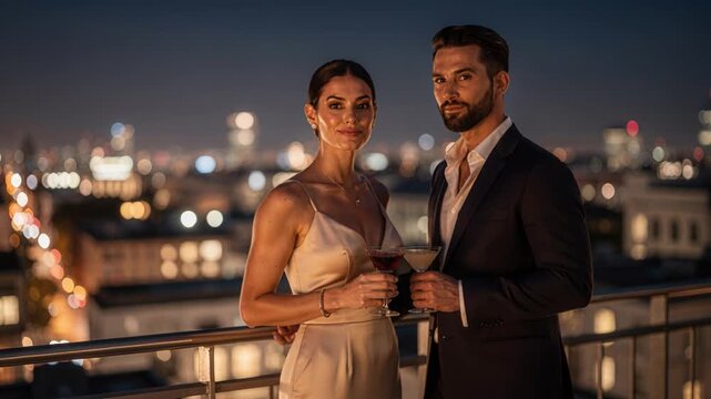 Couple shares romantic toast on highrise terrace under shimmering city lights